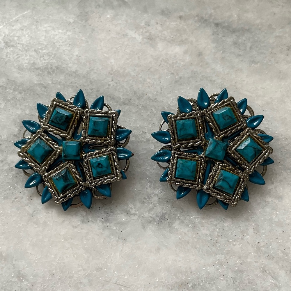 Vintage Faux Turquoise Starburst Clip On Earrings Boho
